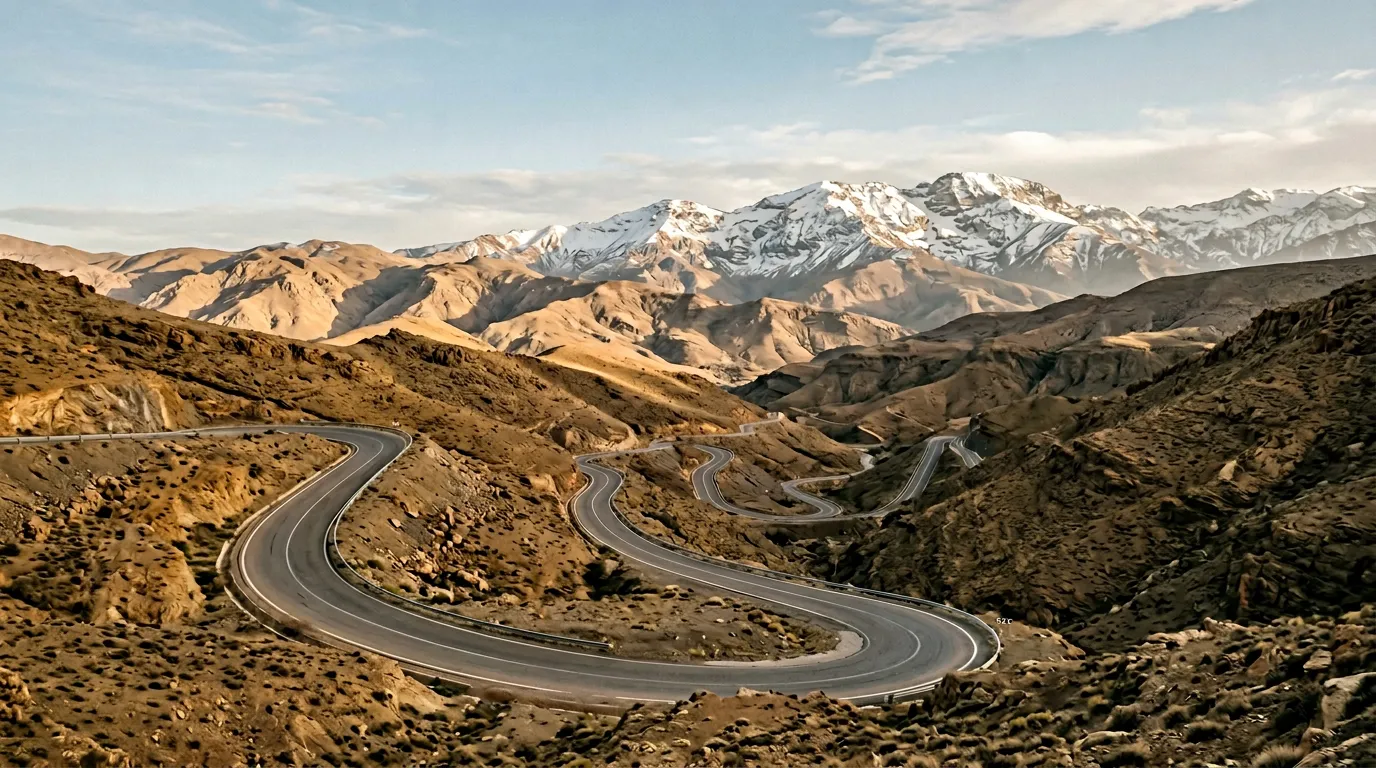 Winding mountain road through arid Atlas foothills with distant snow-capped peaks