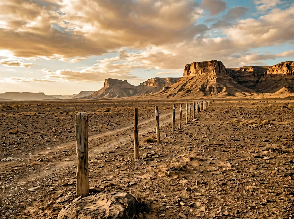 Desert piste markers stretching across flat stone desert toward distant mesa formations