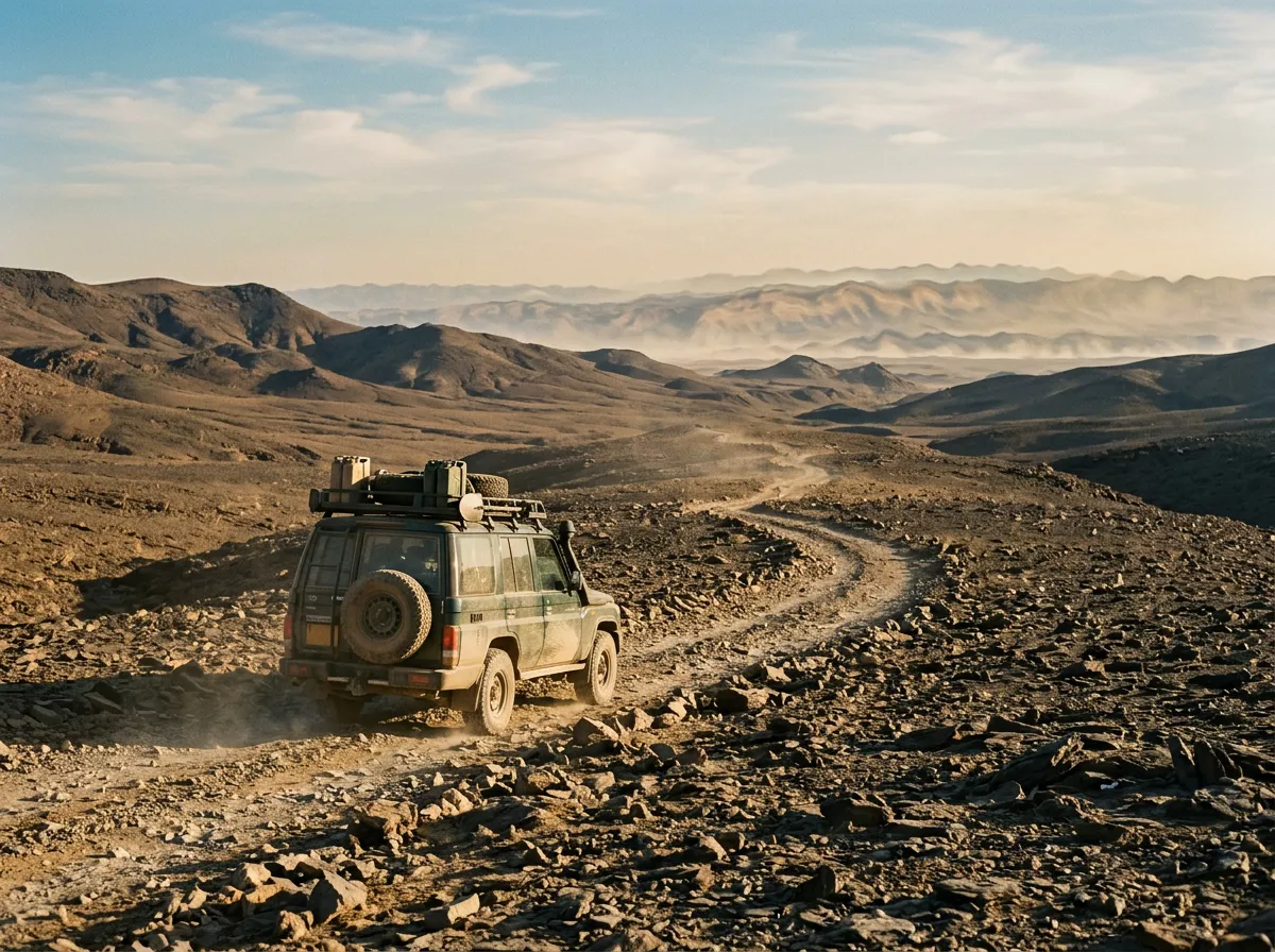 Vehicle on rough stone desert piste with heat haze distorting the distant horizon