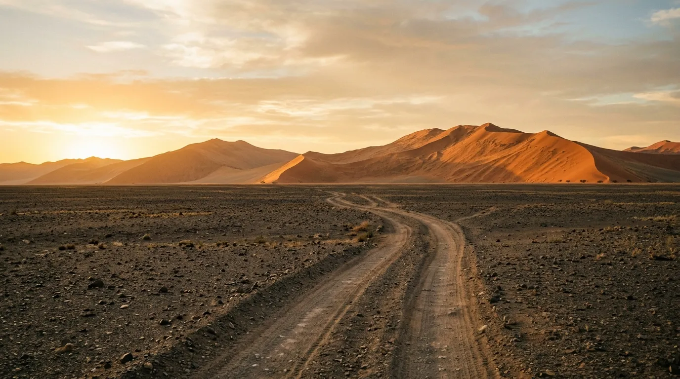 Distant orange dune field at sunrise with vehicle tracks leading toward it across gravel plain
