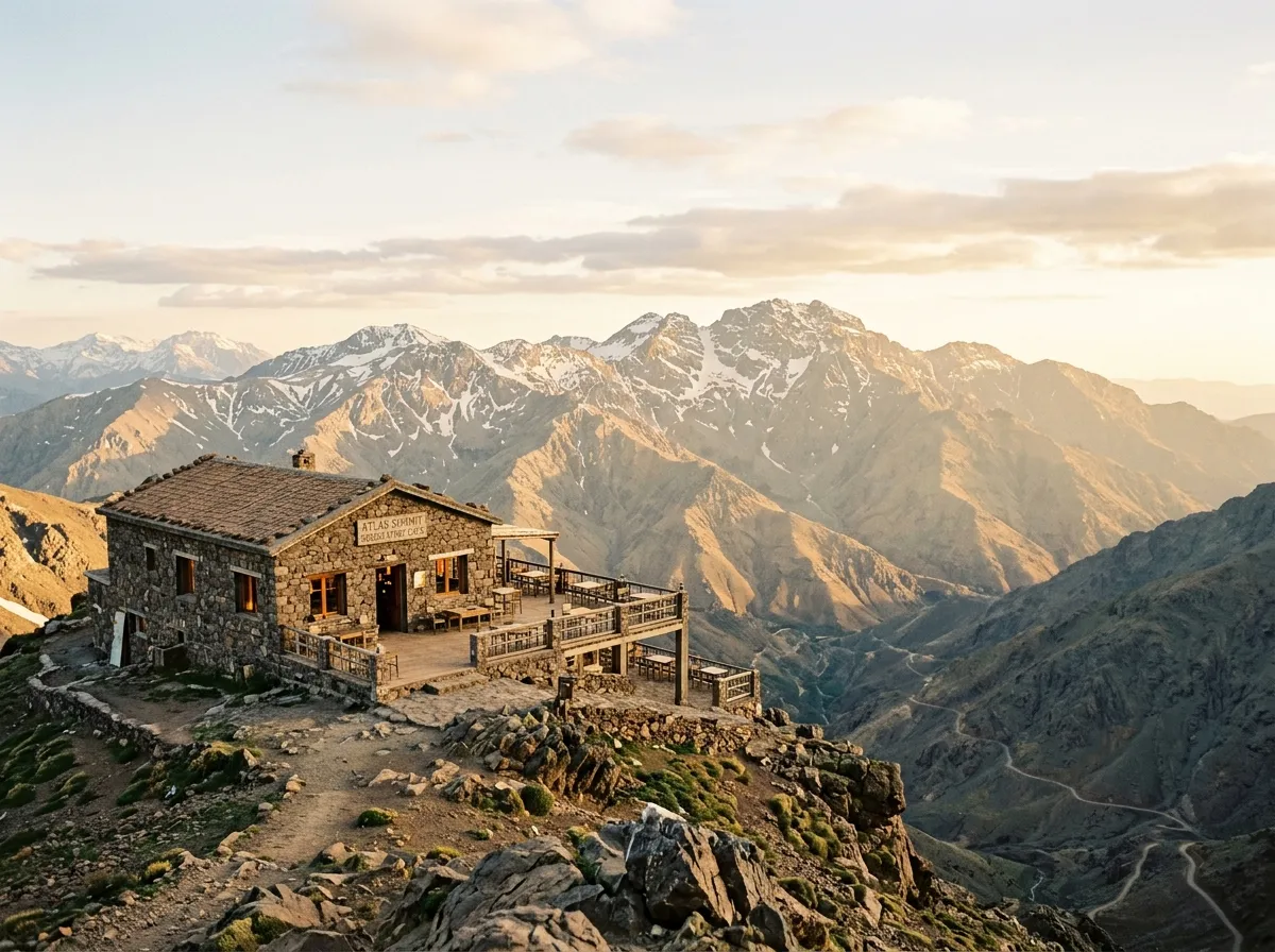 Stone cafe building at mountain summit with panoramic view of Atlas peaks