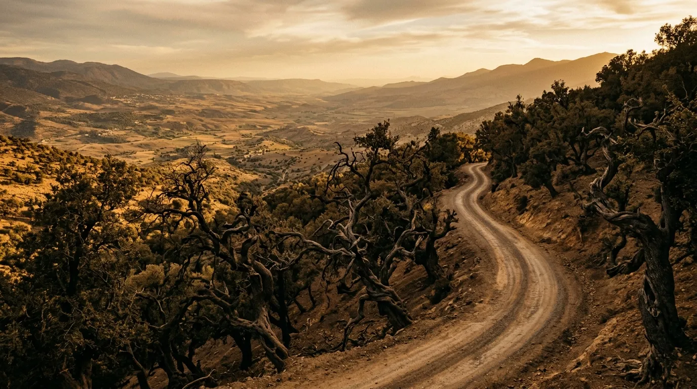 Descending road through argan forest with twisted trees and distant valley