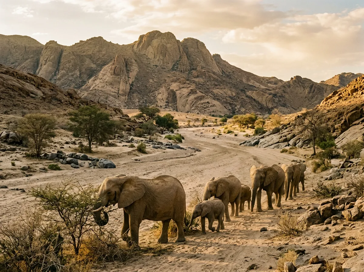 Desert-adapted elephants feeding near dry riverbed with rocky desert hills in background