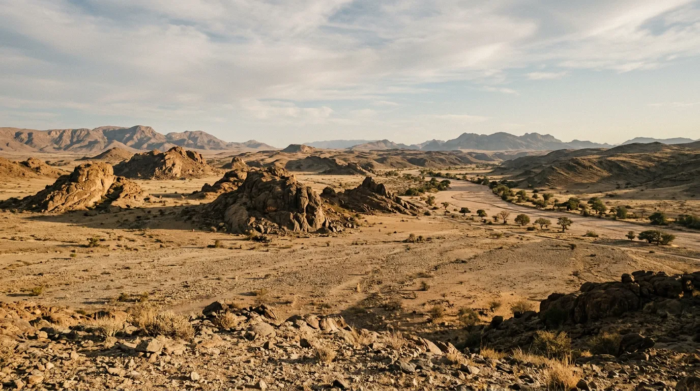 Wide view of Damaraland landscape showing gravel plain, rocky outcrops, and distant dry riverbed