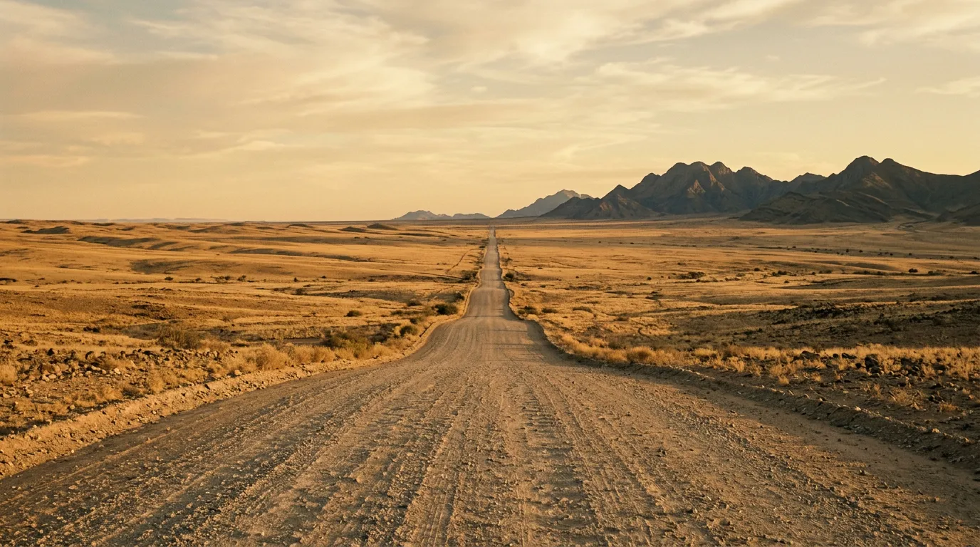 Gravel road stretching to the horizon through empty desert landscape with distant mountains, Namibia