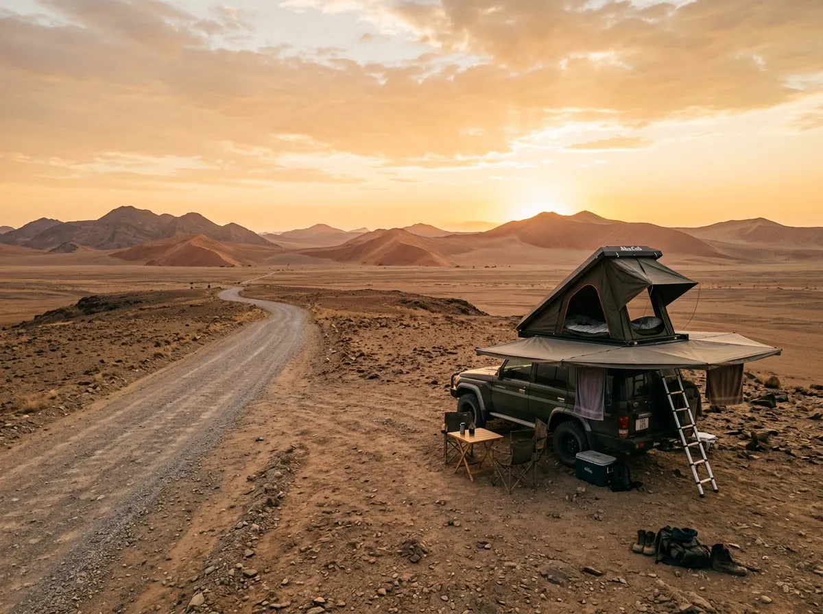 Rooftop tent camp setup beside a gravel road in the Namibian desert at sunset