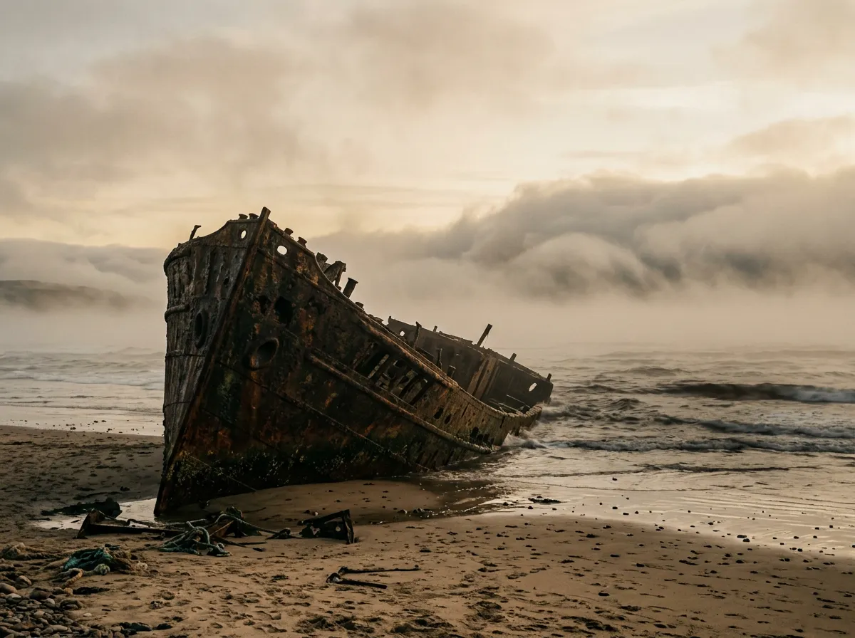 Rusted shipwreck hull half-buried in sand with fog rolling in from the ocean behind it