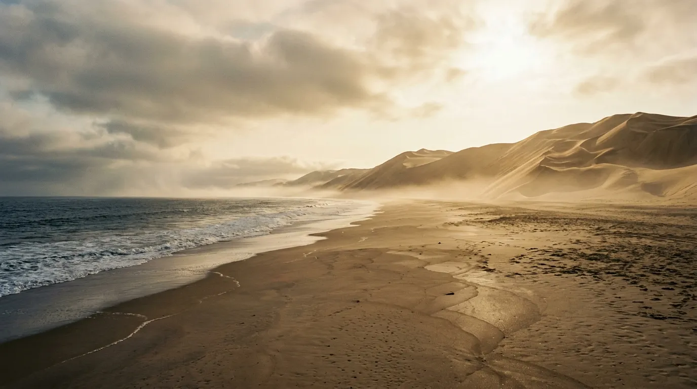 Coastal desert landscape clearing of fog with vast empty beach and distant dunes visible