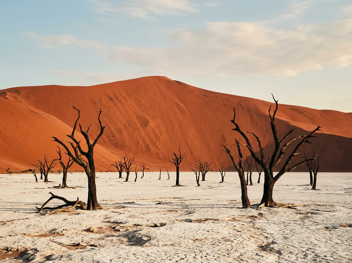 Dead black trees standing on white clay pan with massive red sand dunes behind, Deadvlei