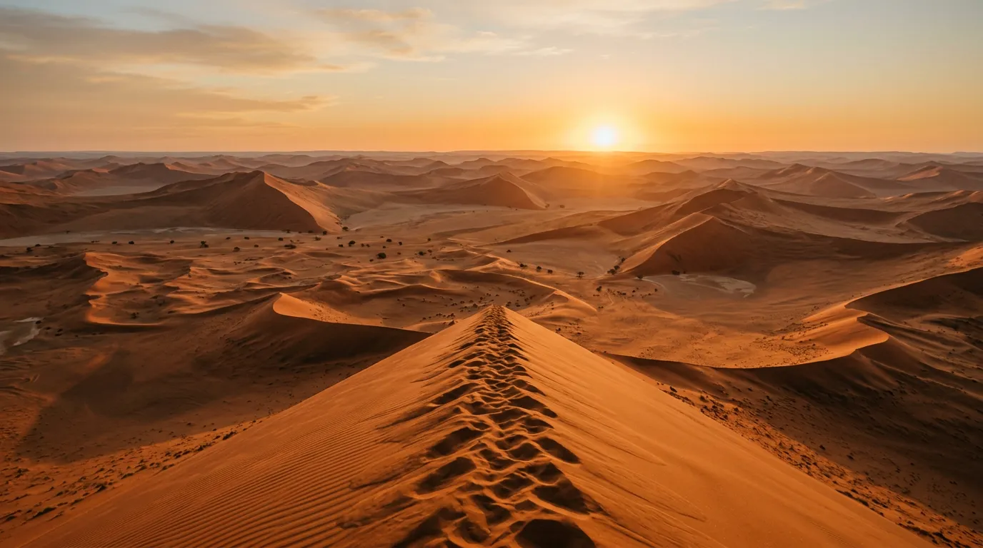 Sunrise view from Dune 45 with orange desert landscape extending to the horizon in all directions