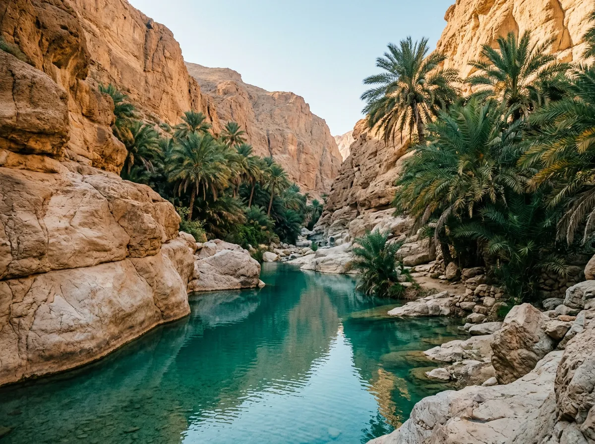 Turquoise wadi pool between smooth canyon walls with palm trees overhead