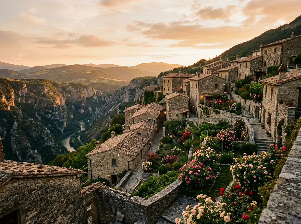 Terraced village with rose gardens and stone buildings overlooking deep canyon at sunset