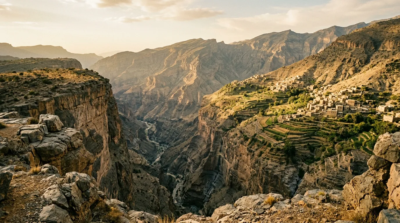 Panoramic view from Diana's Point showing vertical canyon drop and distant terraced villages