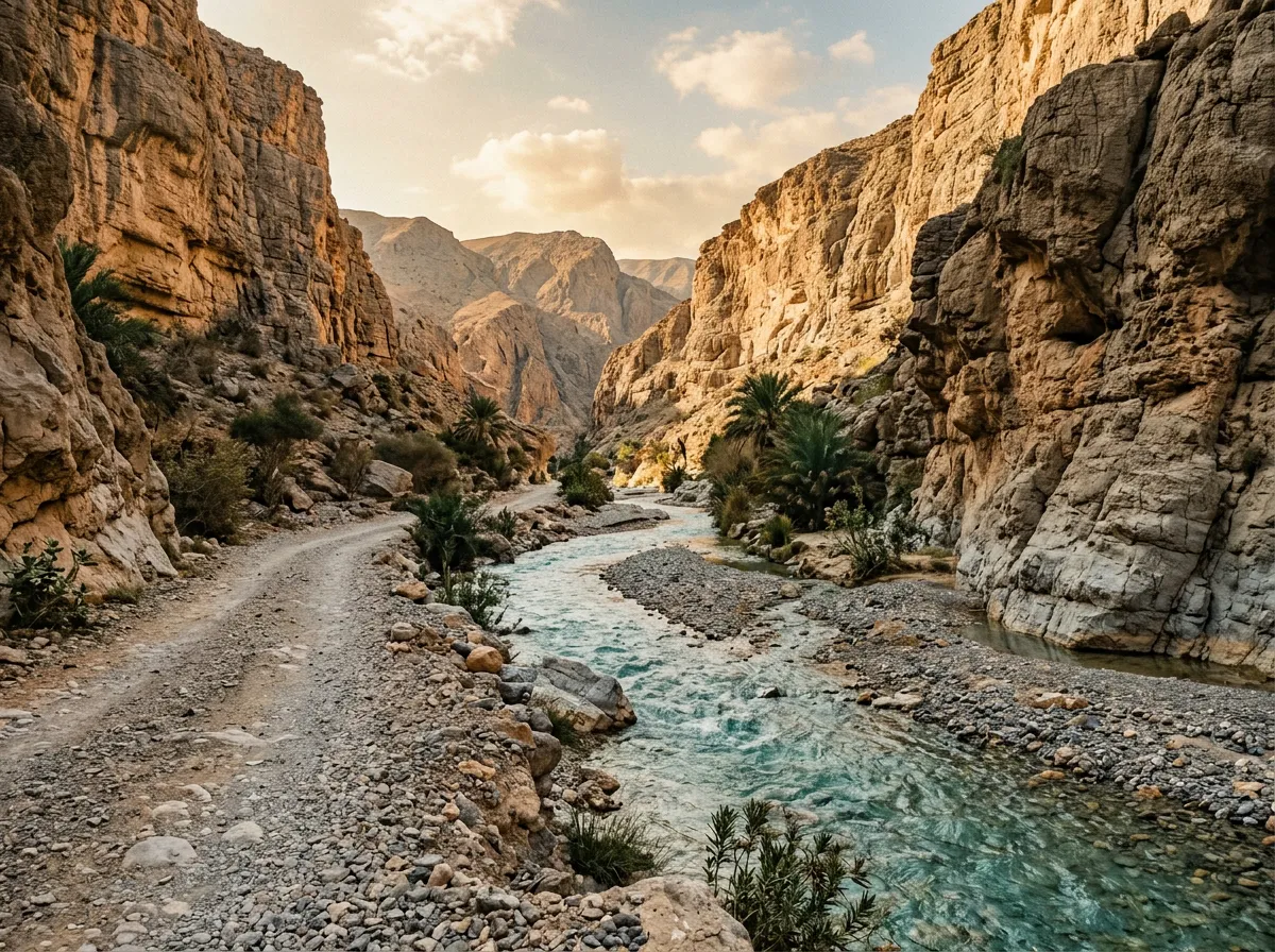 Rocky wadi track with shallow turquoise water flowing over gravel between limestone walls