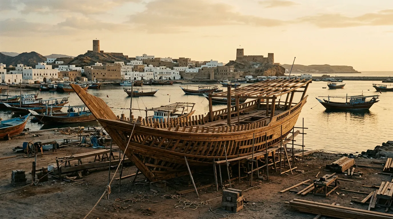 Traditional wooden dhow under construction at Sur shipyard with harbour and watchtowers behind