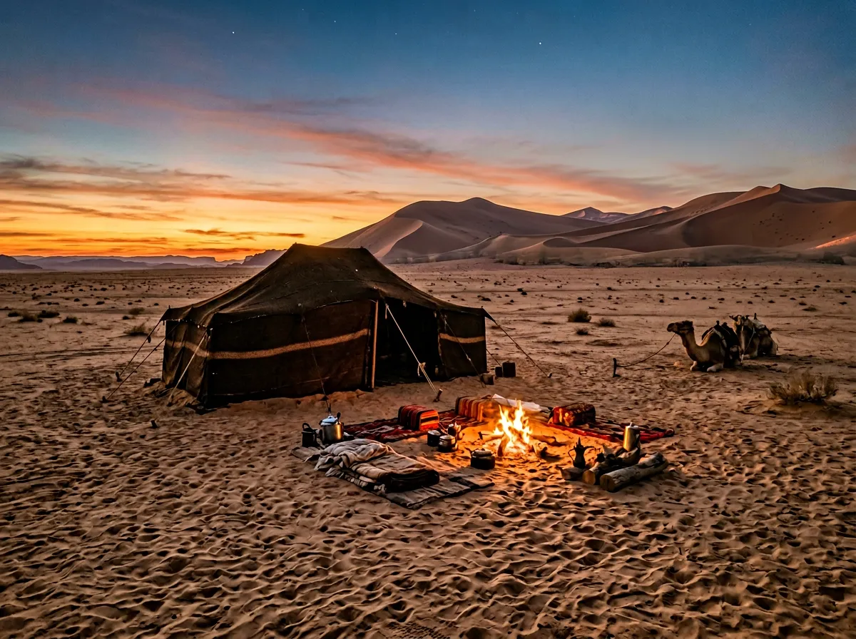 Bedouin camp with dark tent and fire pit on flat desert with dune ridge behind at twilight