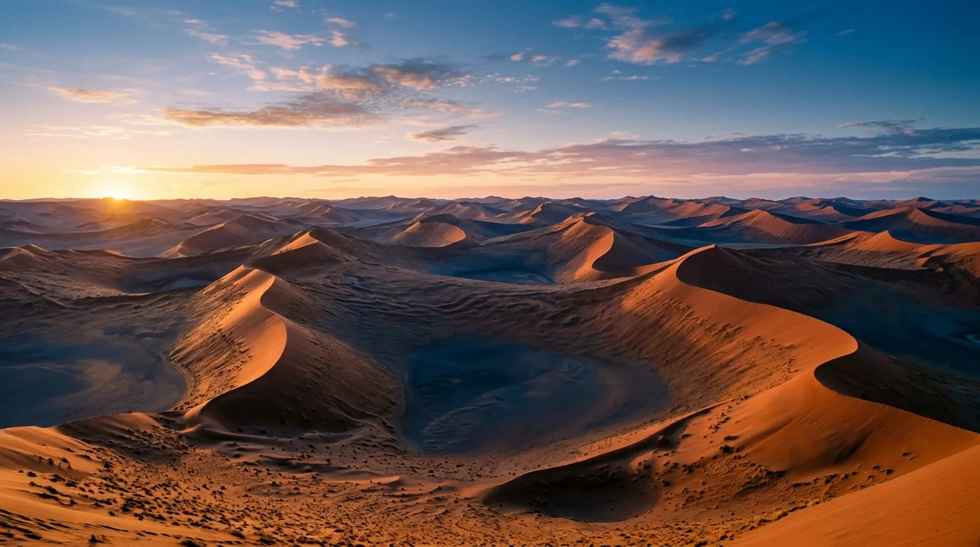 Long view across dune field at sunrise with orange light on dune crests and blue shadows in valleys