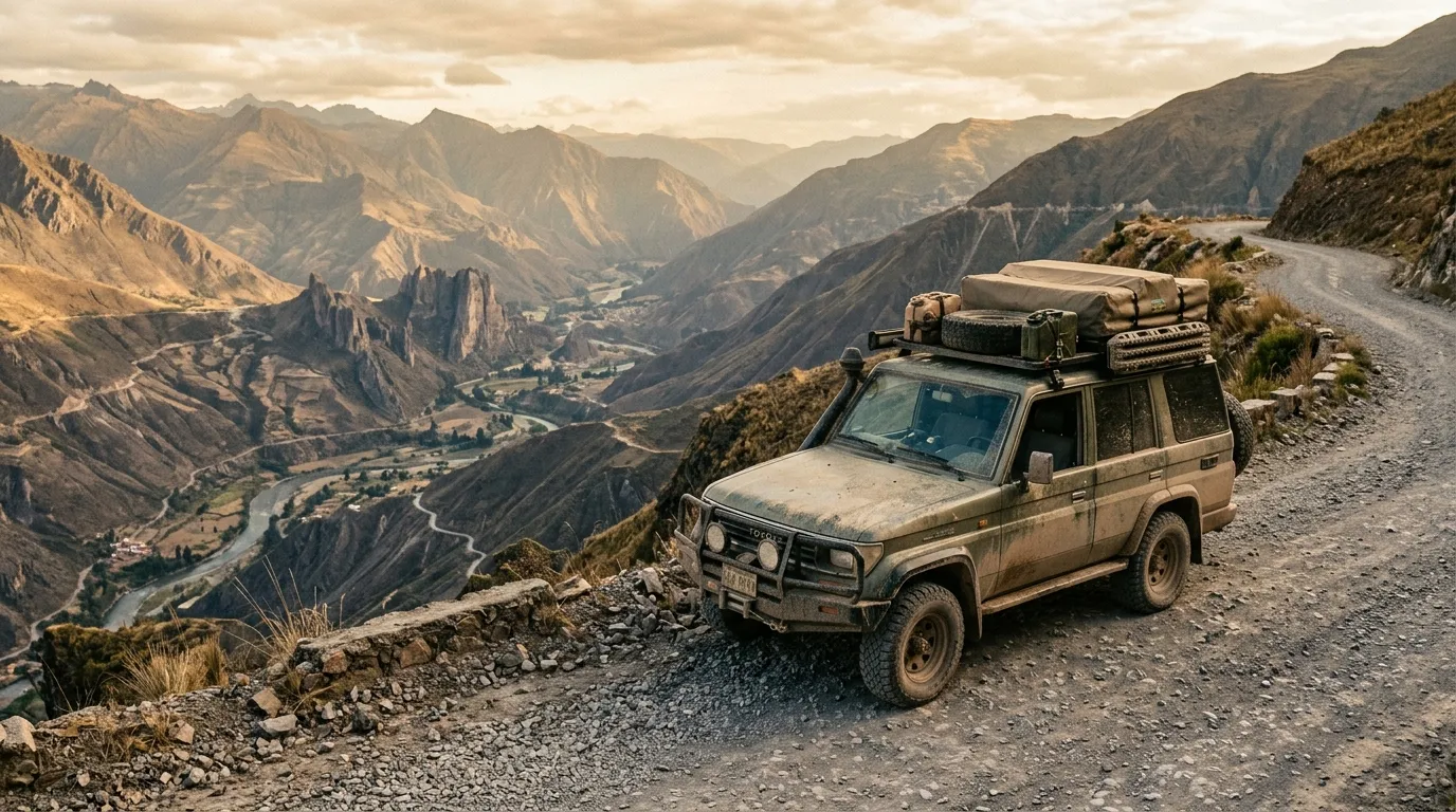 A dusty 4x4 SUV parked at the edge of a gravel mountain road with a valley below