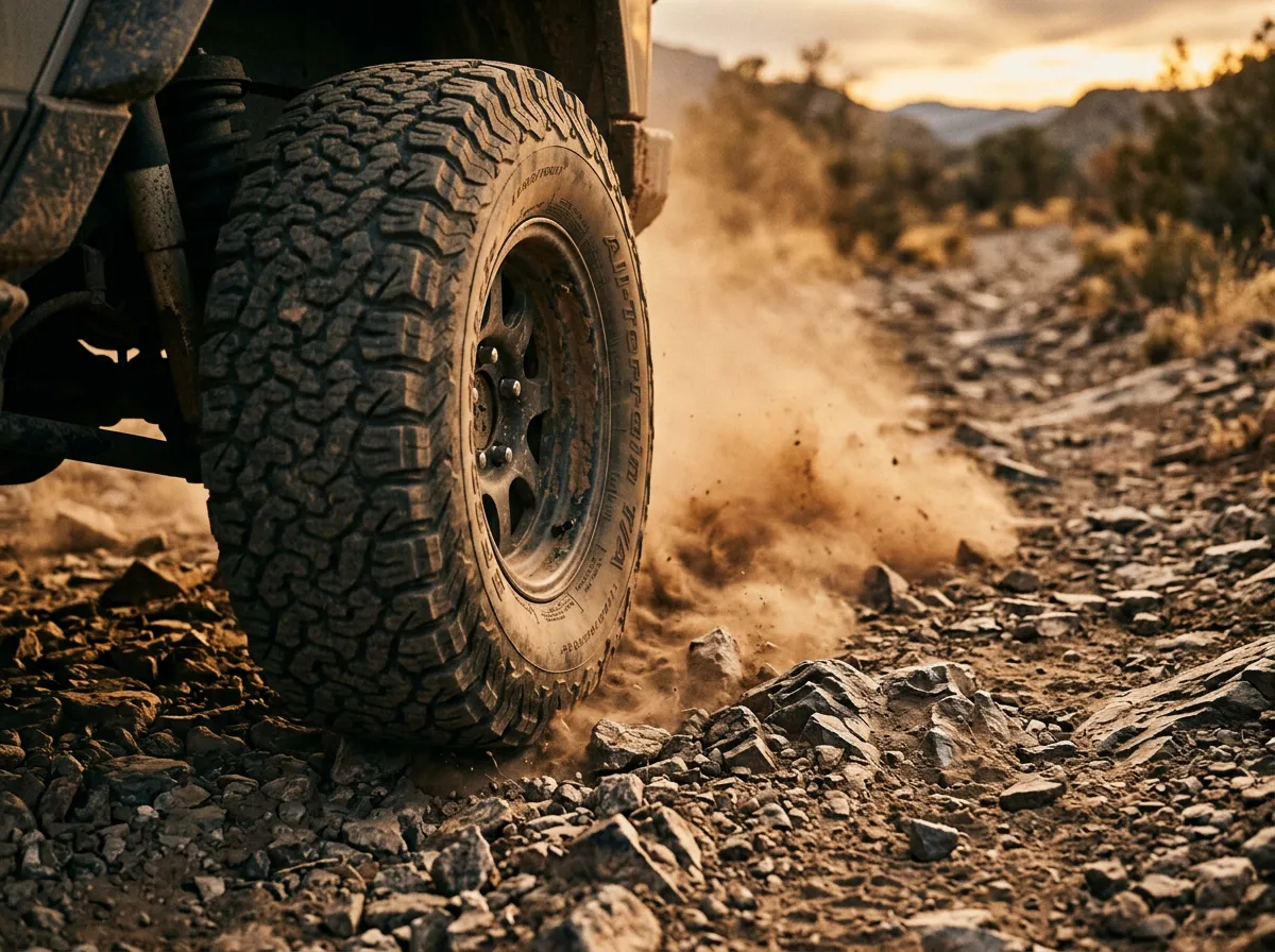 Close-up of a tire on rocky terrain with dust kicked up