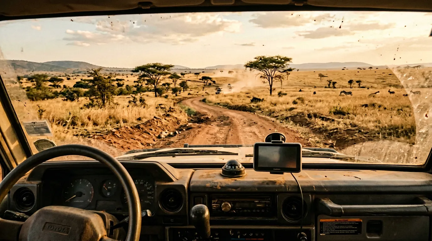 Dashboard view from inside a vehicle on a dusty track through open savanna