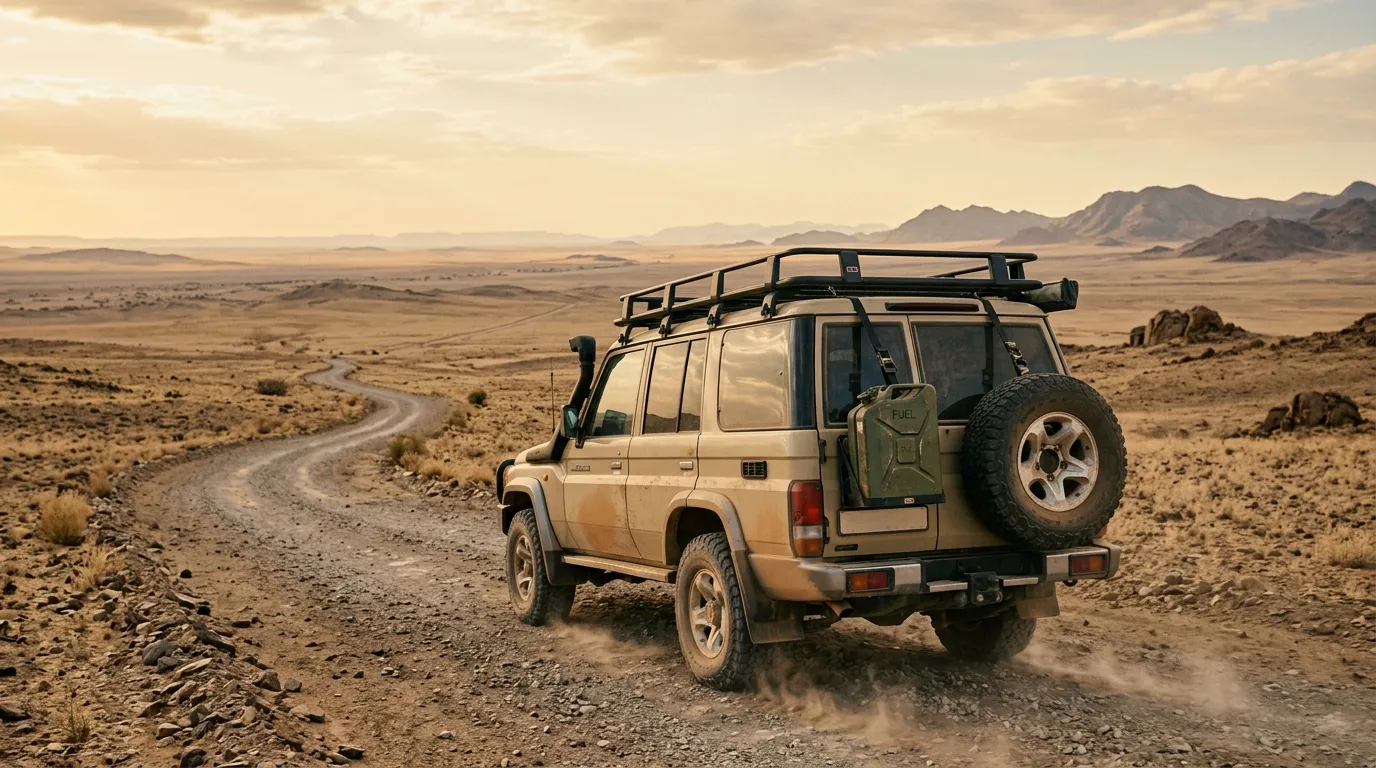 A jerry can strapped to the roof rack of a 4x4 on a desert gravel road with empty landscape stretching to the horizon