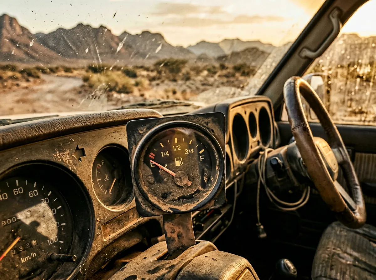 A fuel gauge showing just above quarter tank inside a dusty vehicle cabin