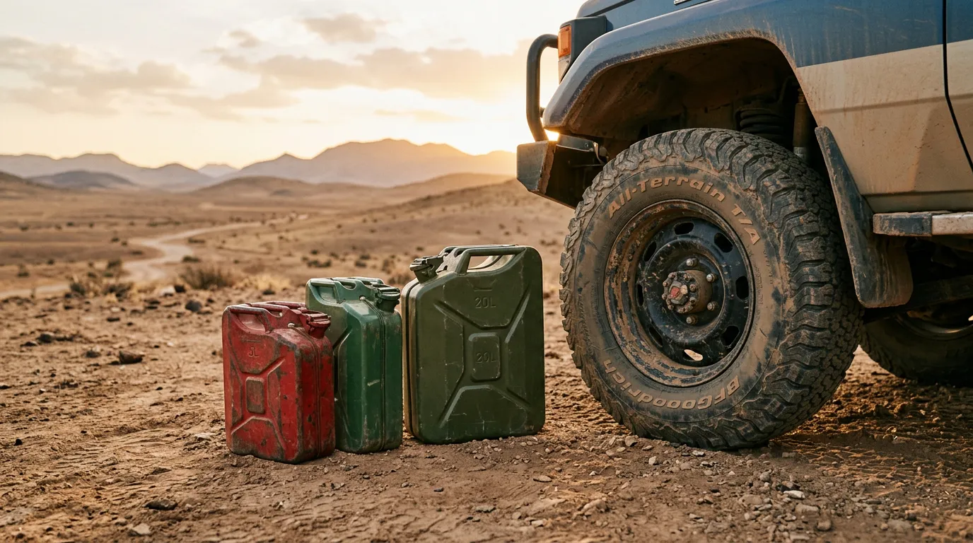 Three fuel jerry cans of different sizes lined up on dusty ground next to a 4x4 wheel