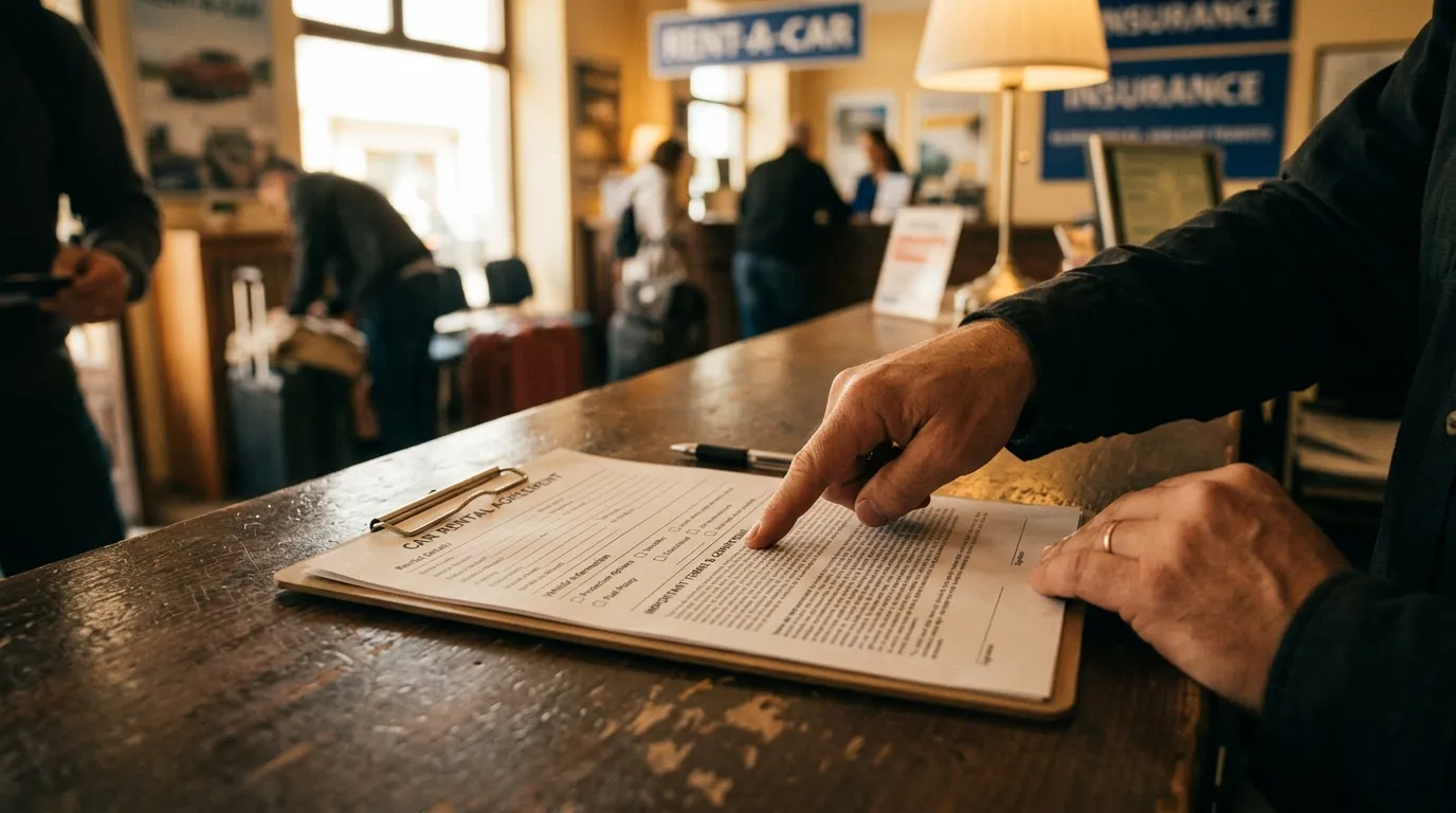 A rental car document on a counter with a person's hands pointing at the fine print
