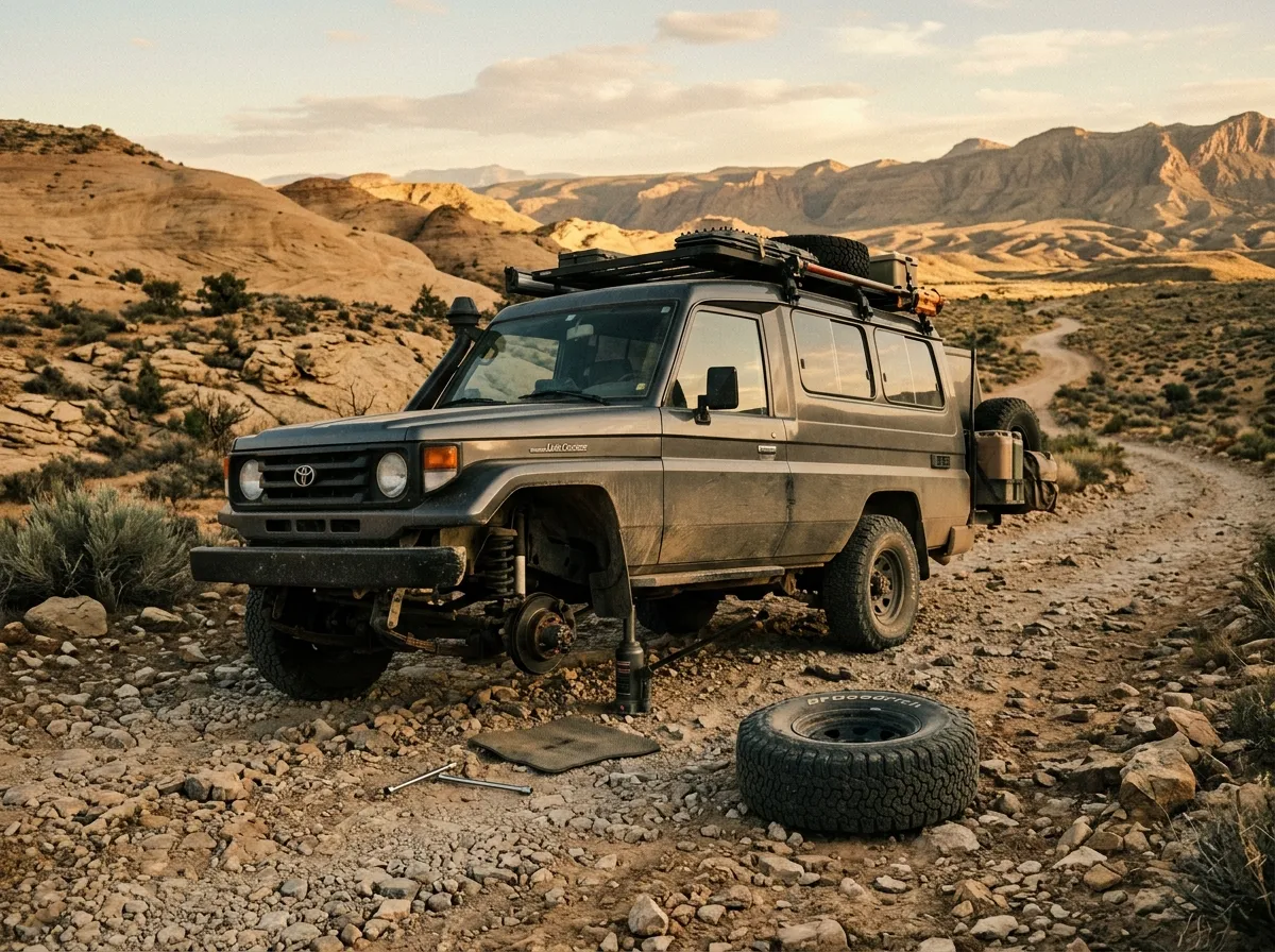 A flat tire on a rocky desert track with the vehicle jacked up