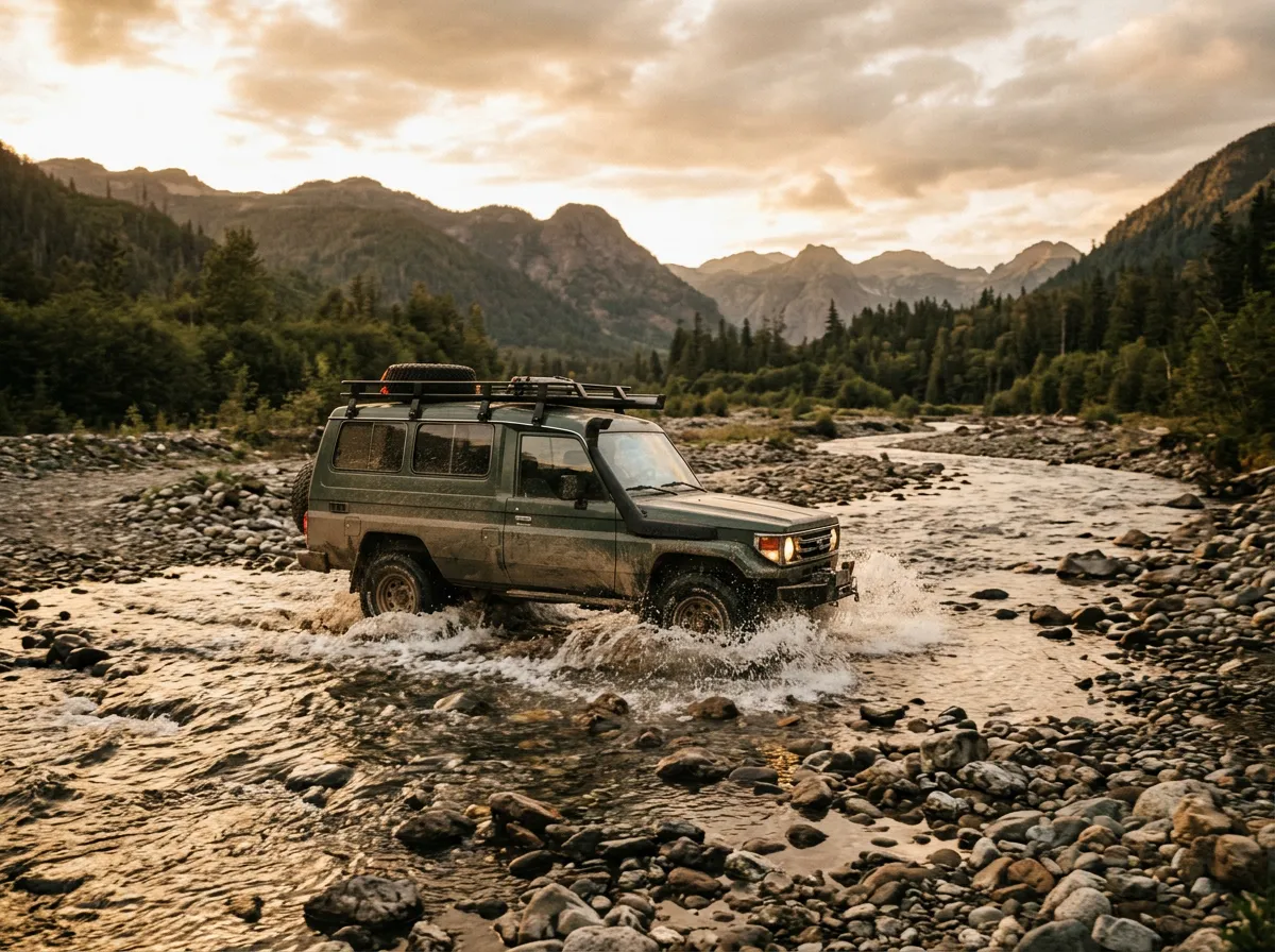 A vehicle crossing a shallow rocky river ford with water splashing around the tires