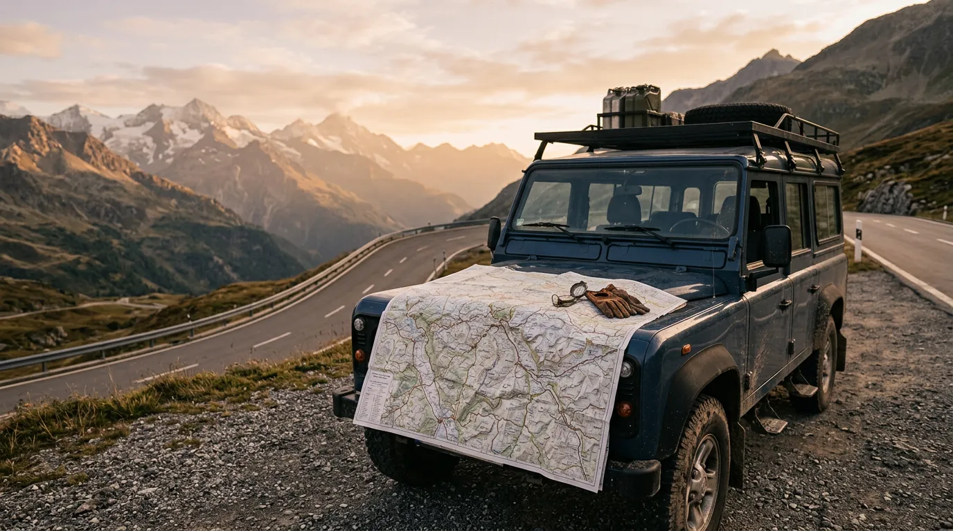 A vehicle stopped on a high mountain pass with a driver checking a paper map spread on the bonnet