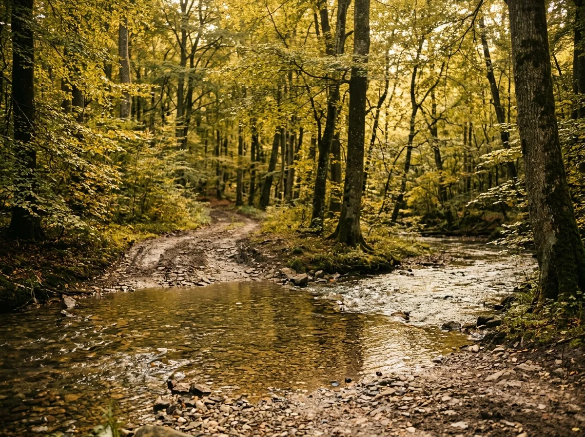 Stream crossing on a forest track, clear water over gravel, surrounded by beech trees