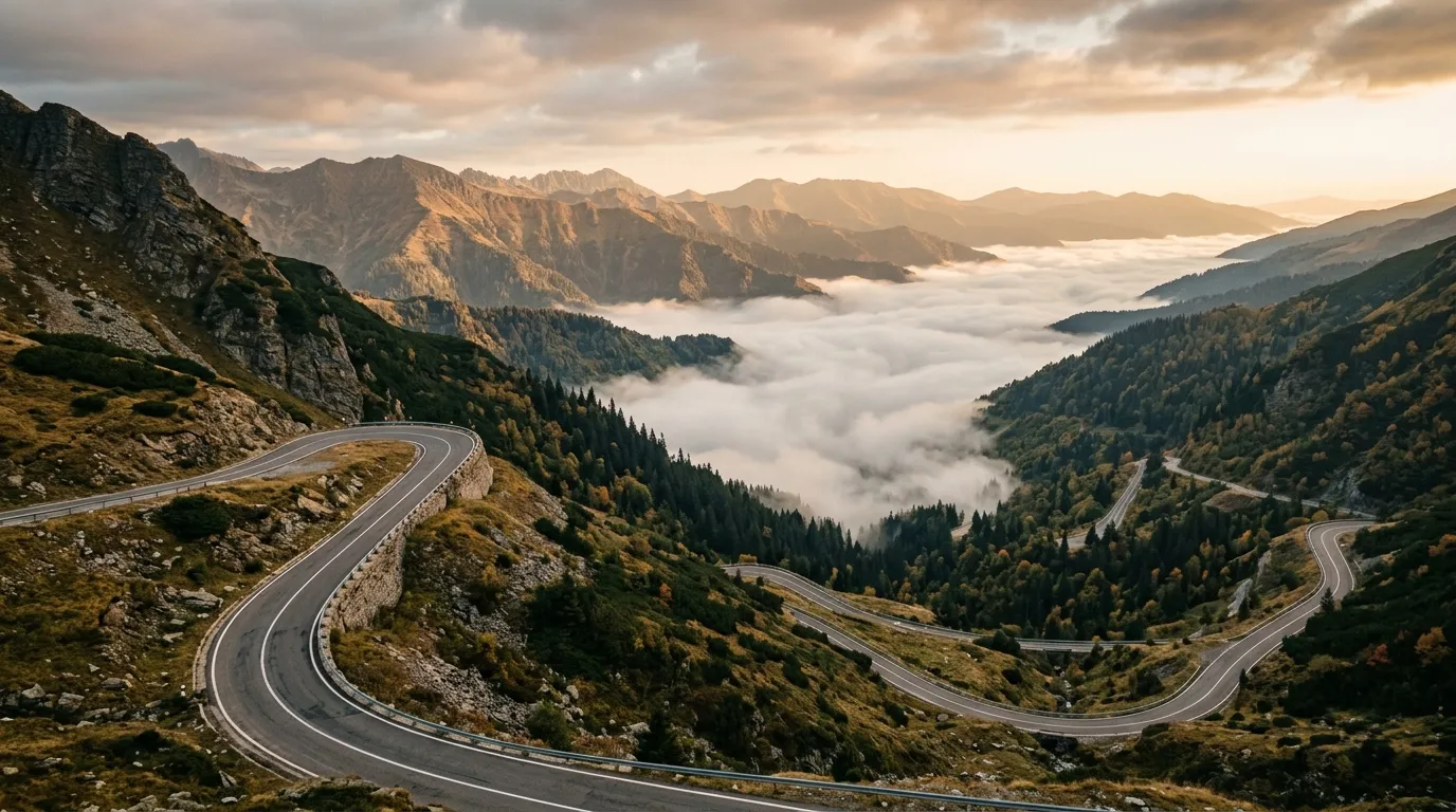 Winding mountain road through the Carpathians with fog in the valleys