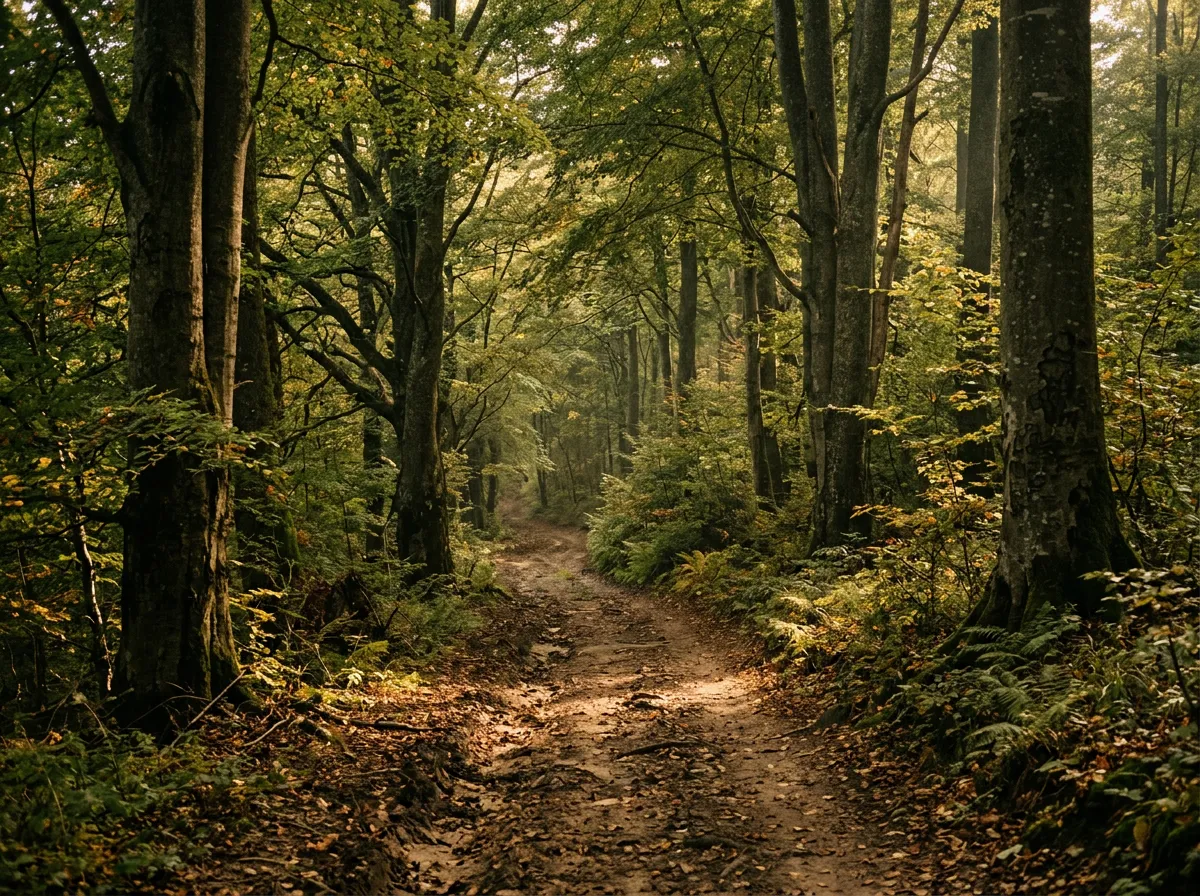 Dense Carpathian forest with light filtering through beech canopy onto a forest track