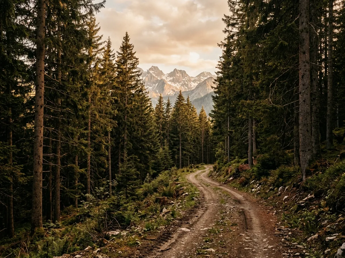 Forest track through spruce woodland with mountain peaks visible through the trees