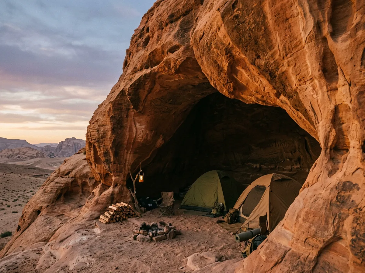 Sandstone rock overhangs at Makkedaat Caves with camping area visible underneath, dusk light