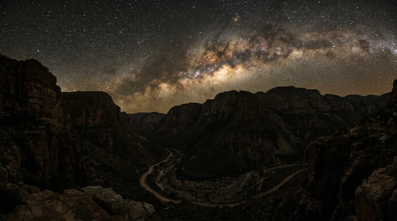 Night sky over Baviaanskloof gorge with Milky Way visible above dark canyon walls