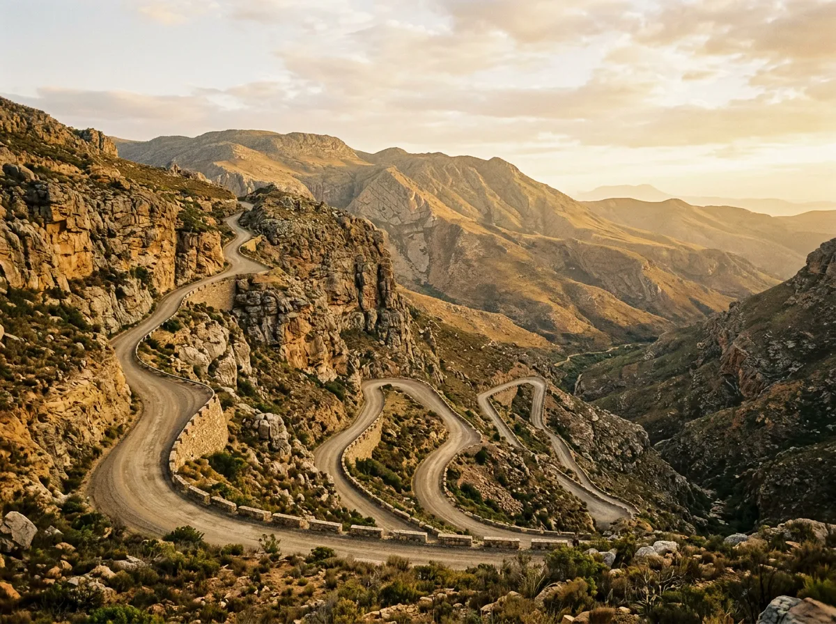 Mountain pass road with steep switchbacks carved into rock face, South Africa