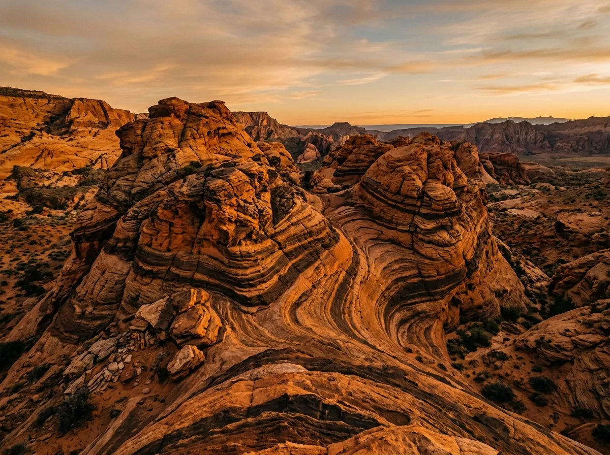 Twisted rock formations showing layered geological strata in orange and black against desert sky