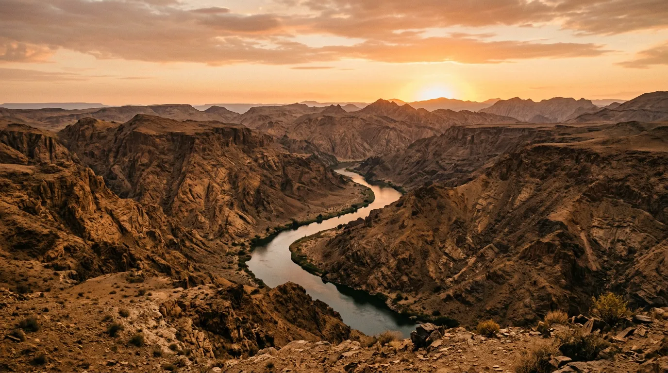 Orange River winding through canyon at sunset with desert mountains on both sides
