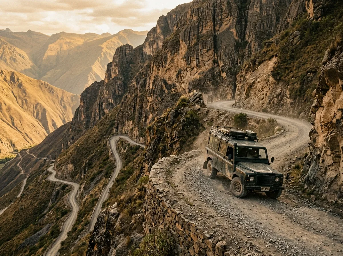 Close view of rocky switchback road carved into cliff face with vehicle navigating a tight turn