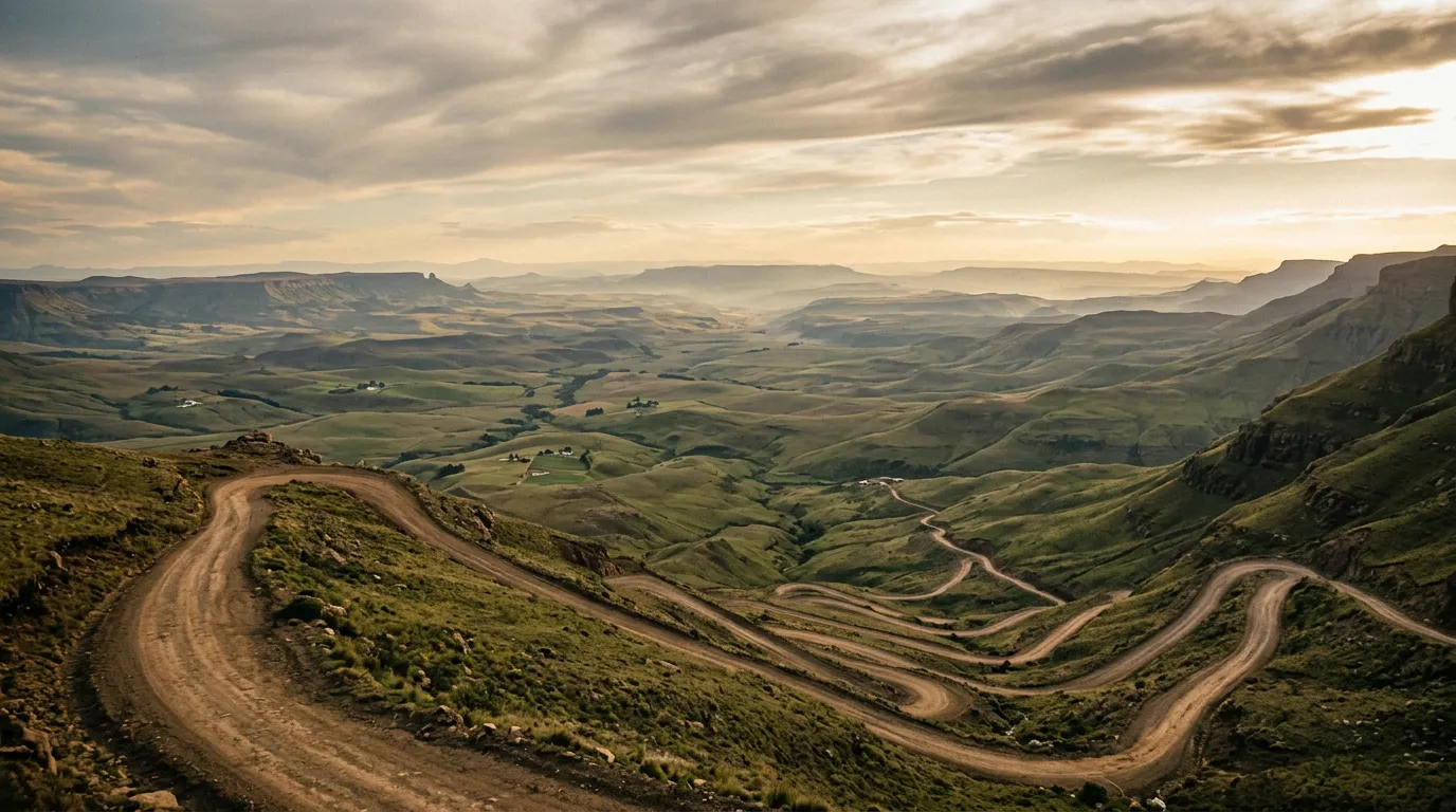 Panoramic view from Sani Pass summit looking down at the switchbacks and the KwaZulu-Natal valley far below