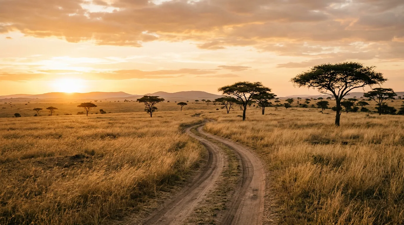 Savanna tracks winding through golden grassland with scattered acacia trees, Serengeti National Park