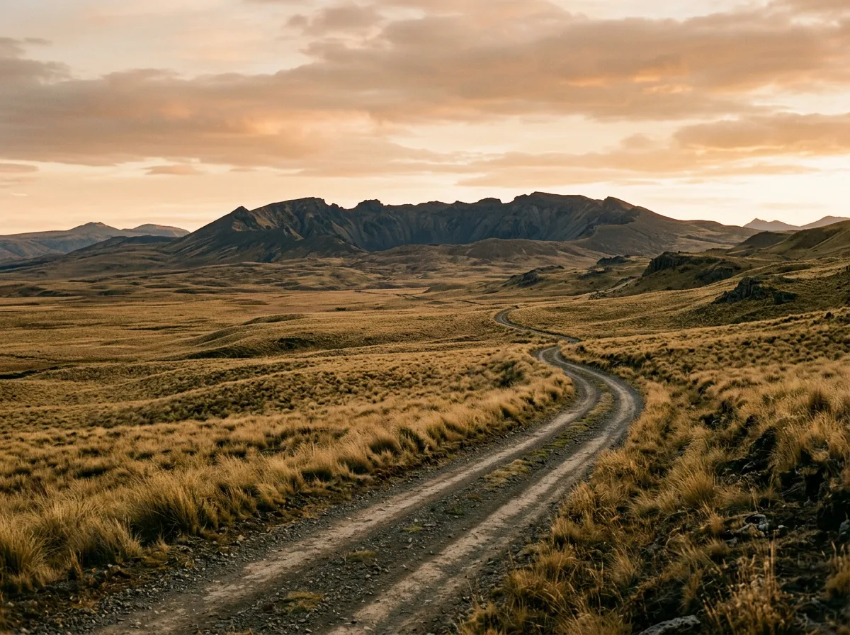 Vehicle track cutting through open grassland with a volcanic crater rim visible on the horizon