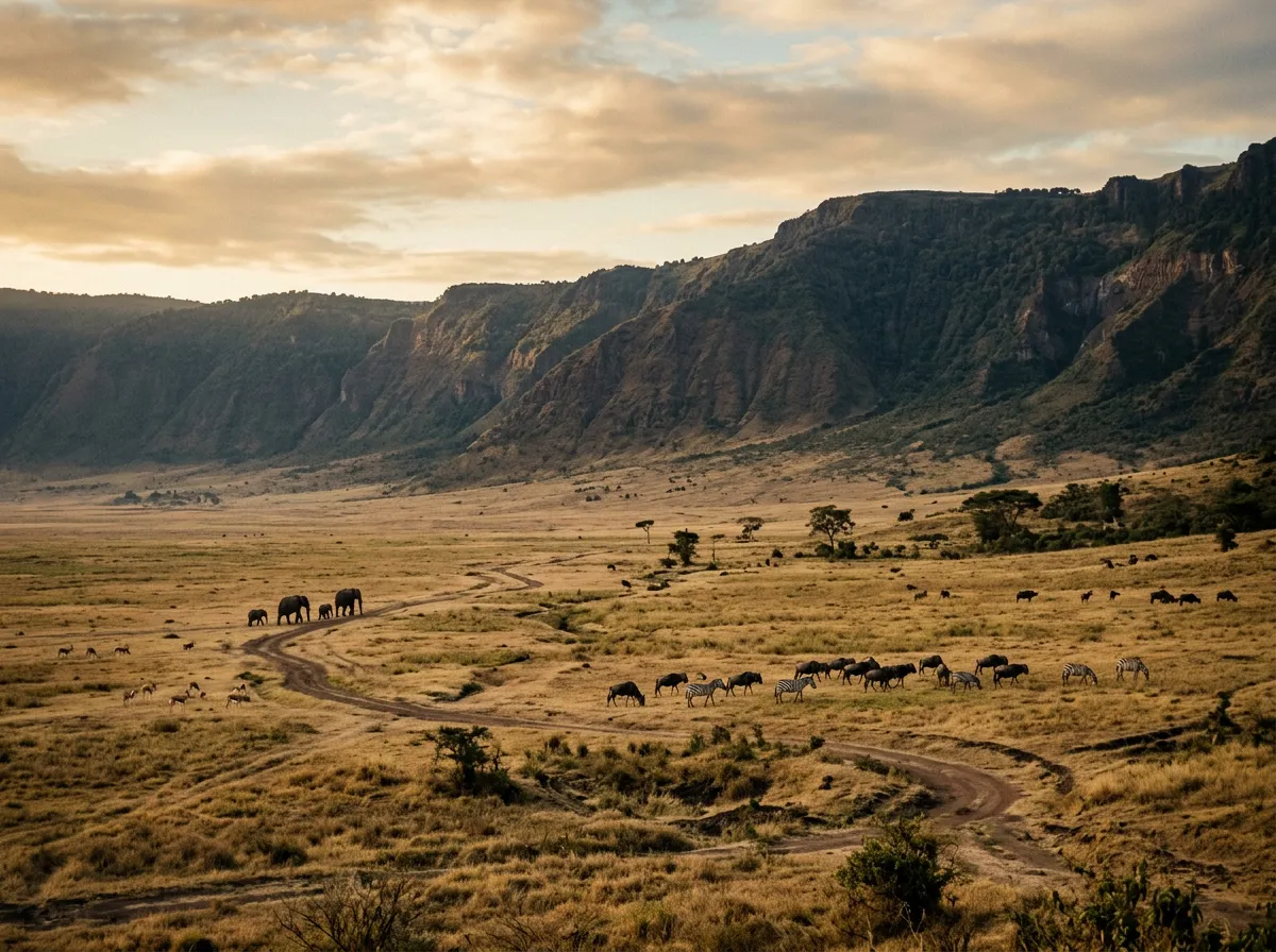 Crater floor landscape with scattered wildlife and the steep caldera walls rising in the background