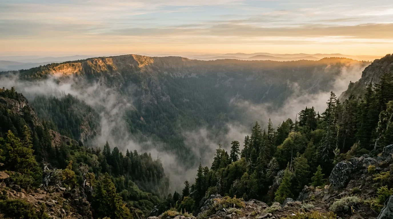 Mist rising from the forested crater walls at dawn with soft golden light touching the rim