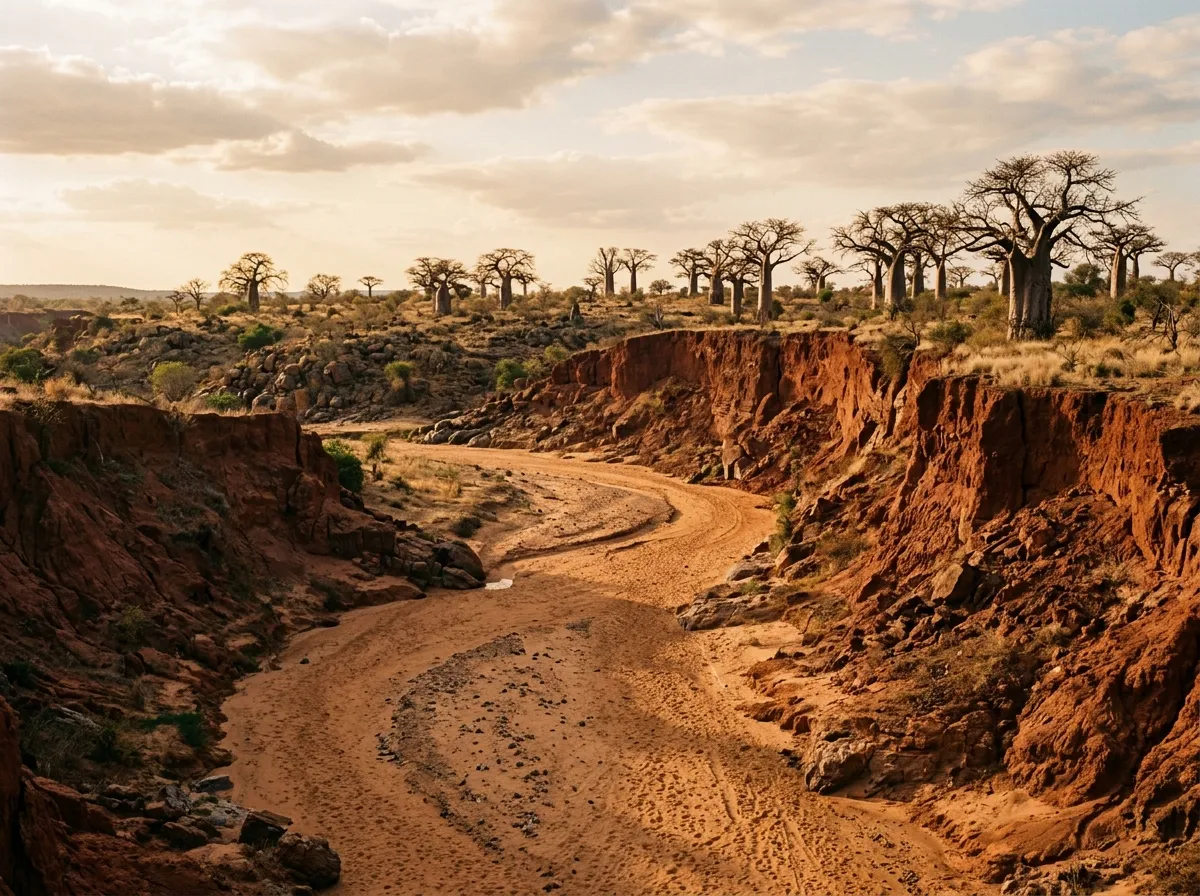 Dry sandy riverbed winding between steep red-earth banks with scattered baobab trees on the plateau above