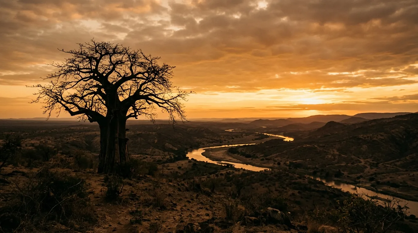 Lone baobab tree silhouetted against a warm sunset sky with the Great Ruaha River valley stretching into the distance