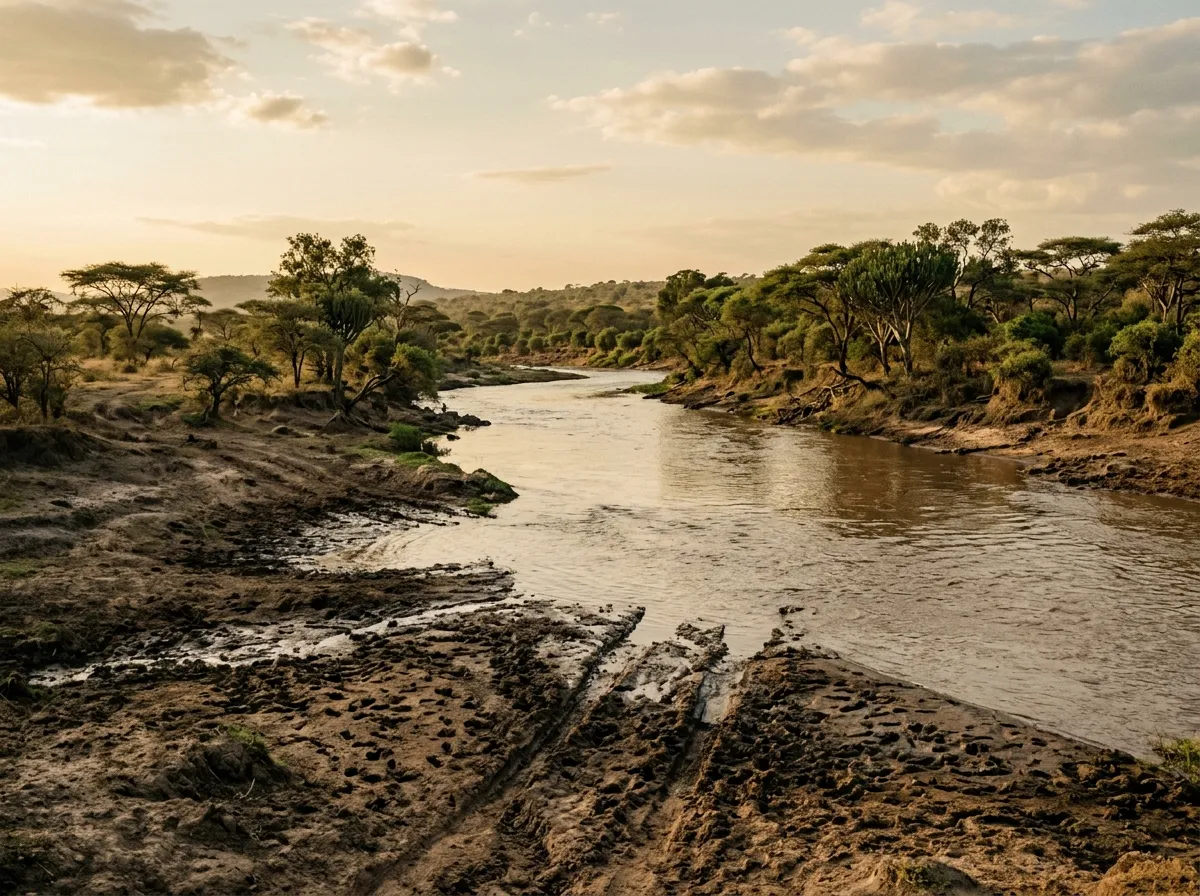 River crossing point with muddy banks and scattered trees along the Grumeti River
