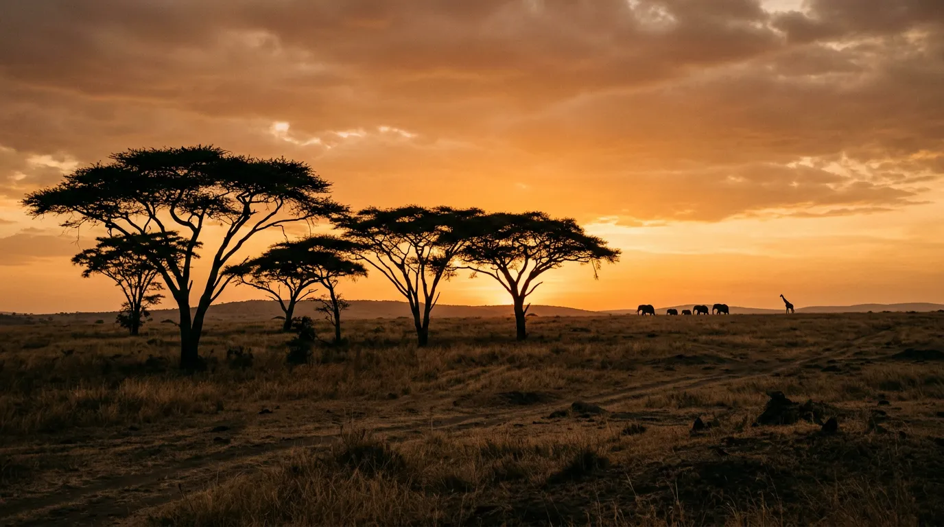 Sunset over the Serengeti savanna with silhouettes of acacia trees against an orange sky